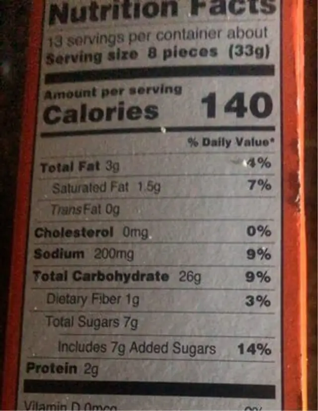 Maria’s cookies nutrition facts table