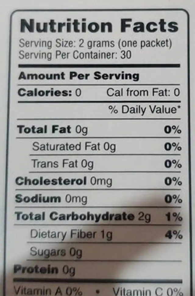 Flex flavor nutrition facts table