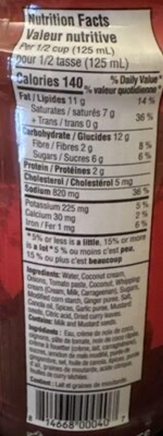 Coconut Curry Sauce nutrition facts table