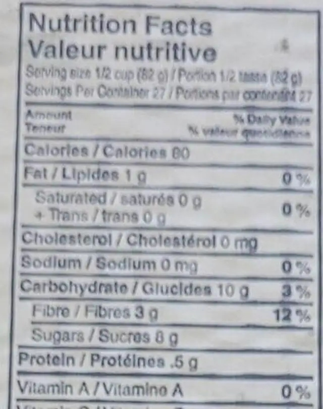 frozen wild blueberries nutrition facts table