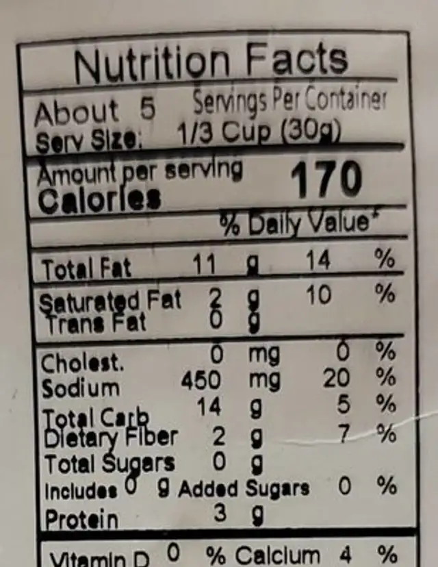 Salted Sesame Sticks nutrition facts table