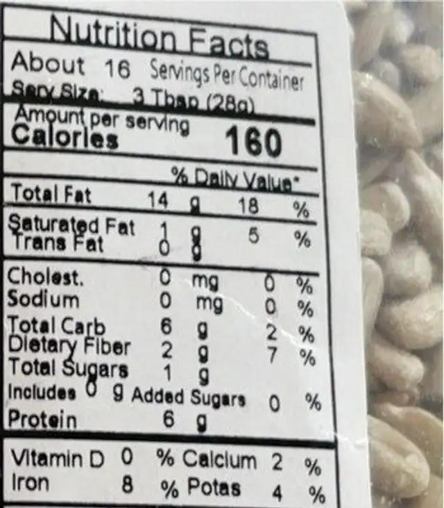 Organic Sunflower Kernels nutrition facts table