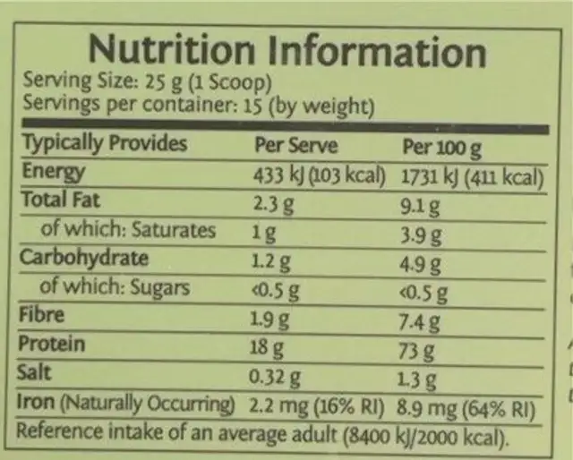 Protien classic vanilla nutrition facts table