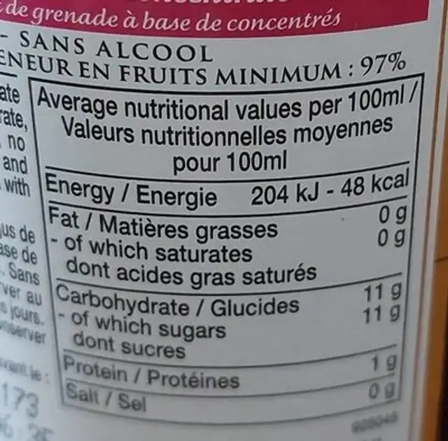 Pomme Grenade gazéifié nutrition facts table