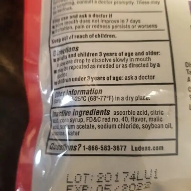Throat drops ingredients label