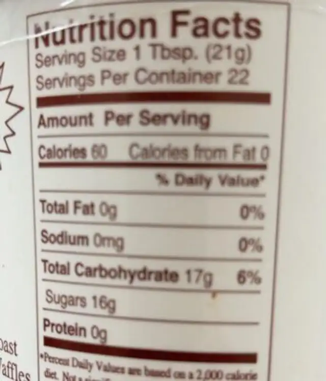 Spun Honey nutrition facts table