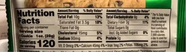 Cookie + Keto chocolate chip nutrition facts table