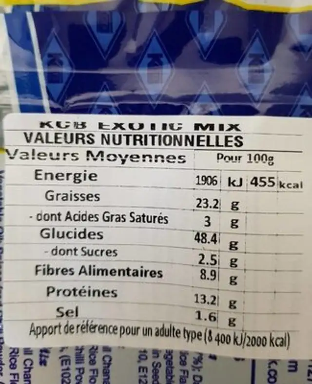 Exotic Mix nutrition facts table