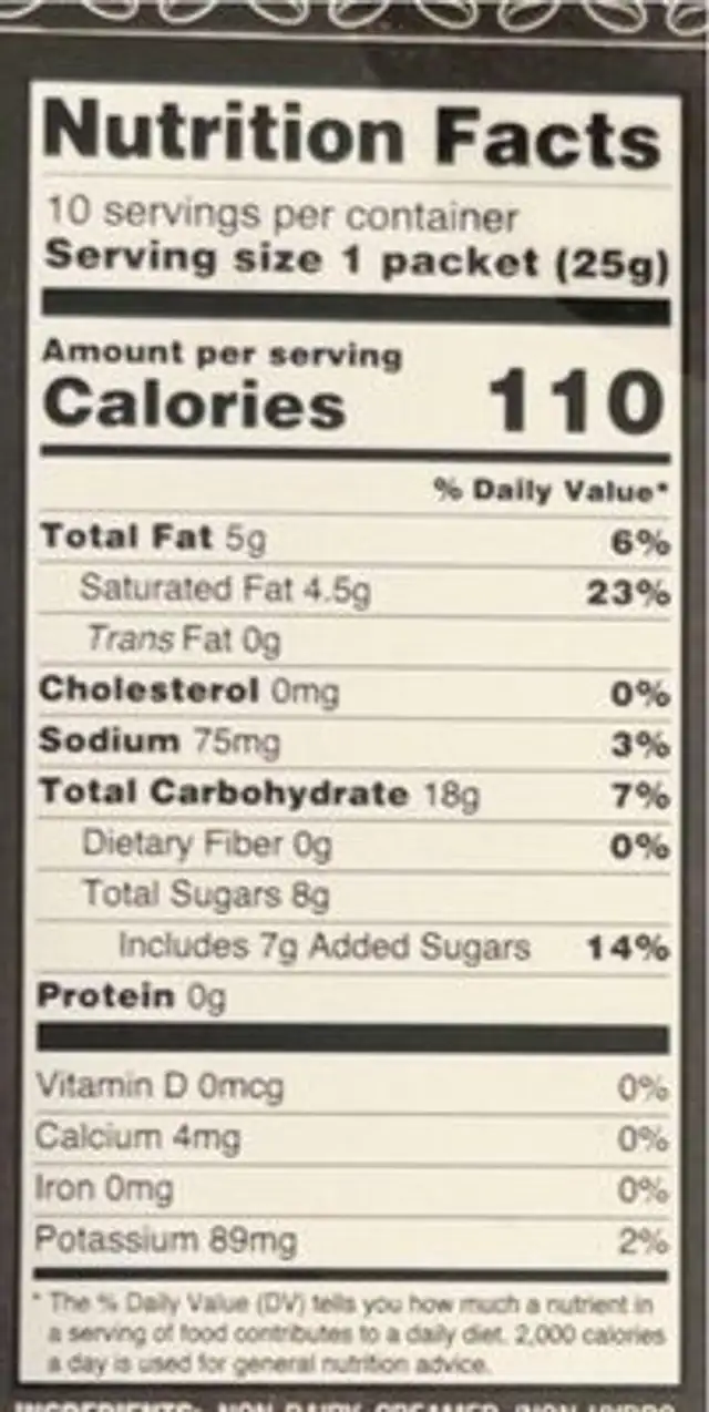 Vanilla Bean Ultra Premium Latte & Frappe Mix nutrition facts table