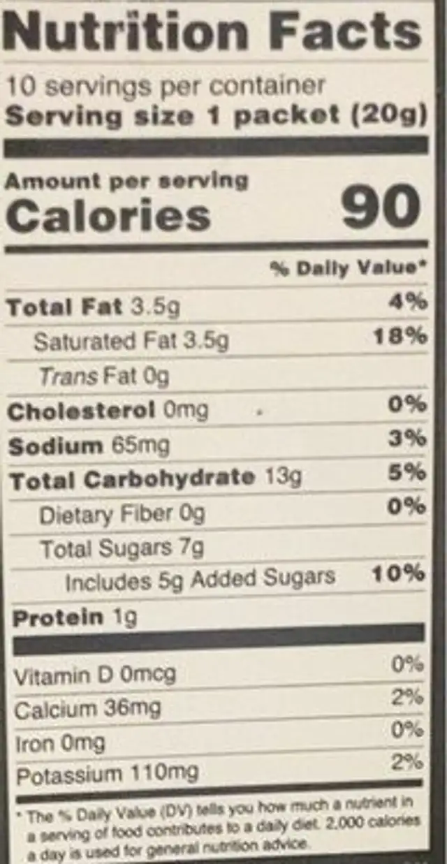 Latte and frappe mix nutrition facts table