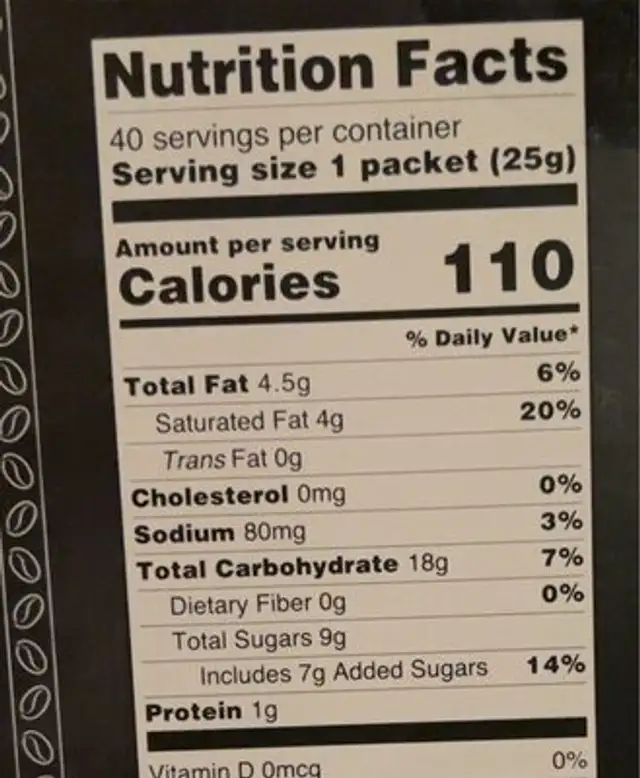 Latte and Frappe Mix nutrition facts table