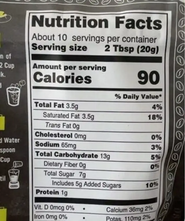 Matcha Green Tea Mix nutrition facts table