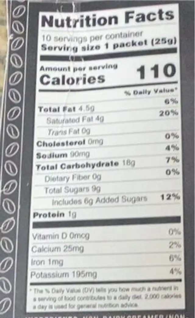 Latte and Frappe mix nutrition facts table