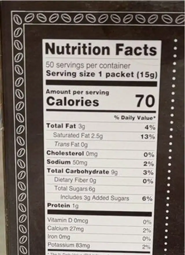 Latte & frappe mix matcha tea nutrition facts table