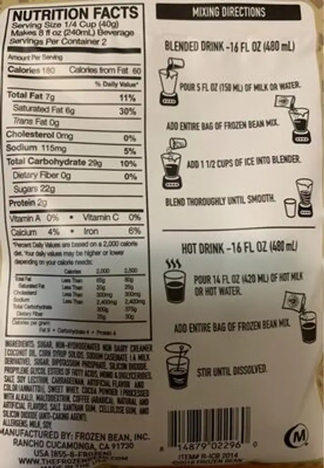 Frappe blend nutrition facts table