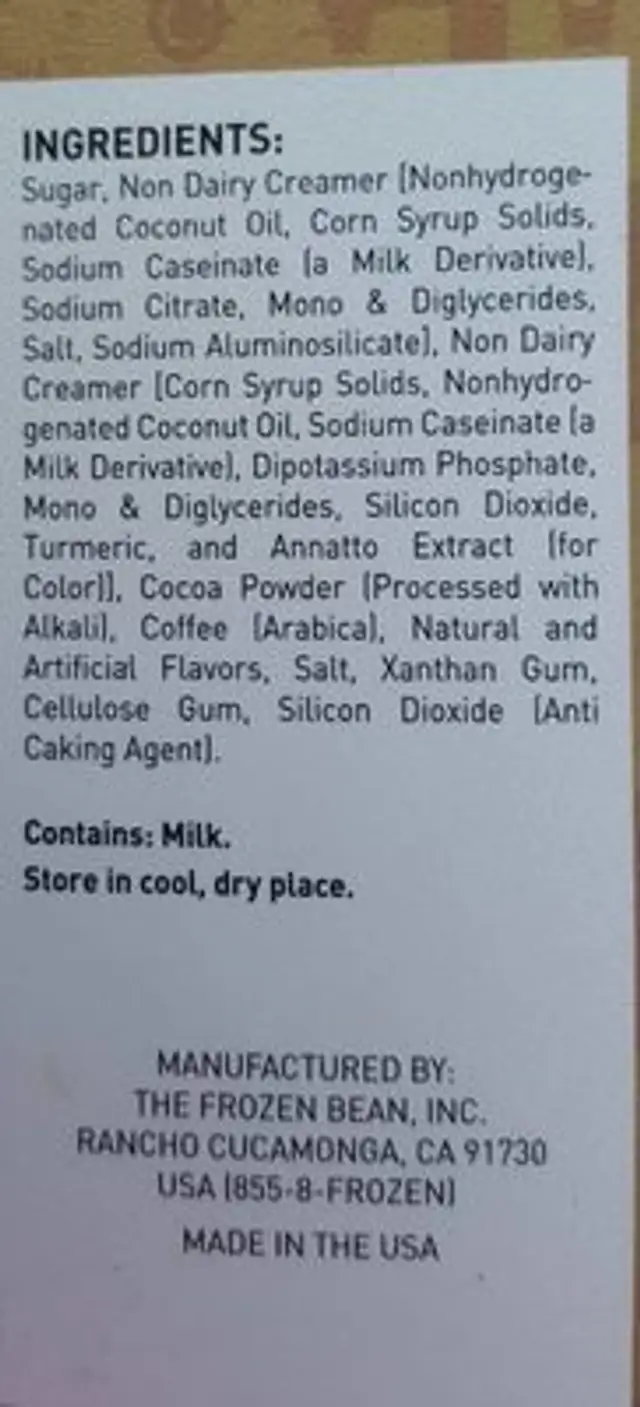 Mocha cappuccino ingredients label