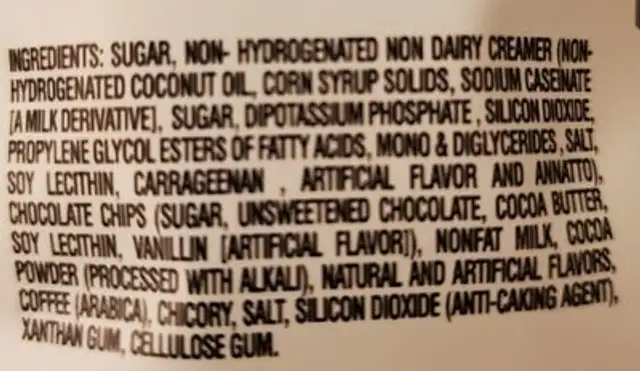 Frappe mix java chip ingredients label