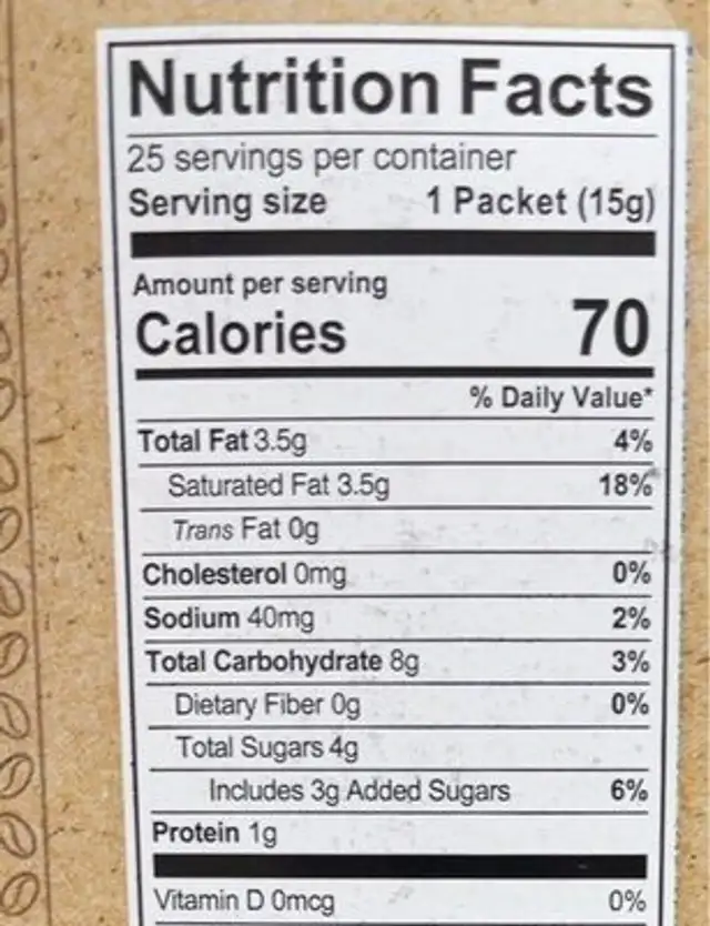 PS latte & frappe mix nutrition facts table