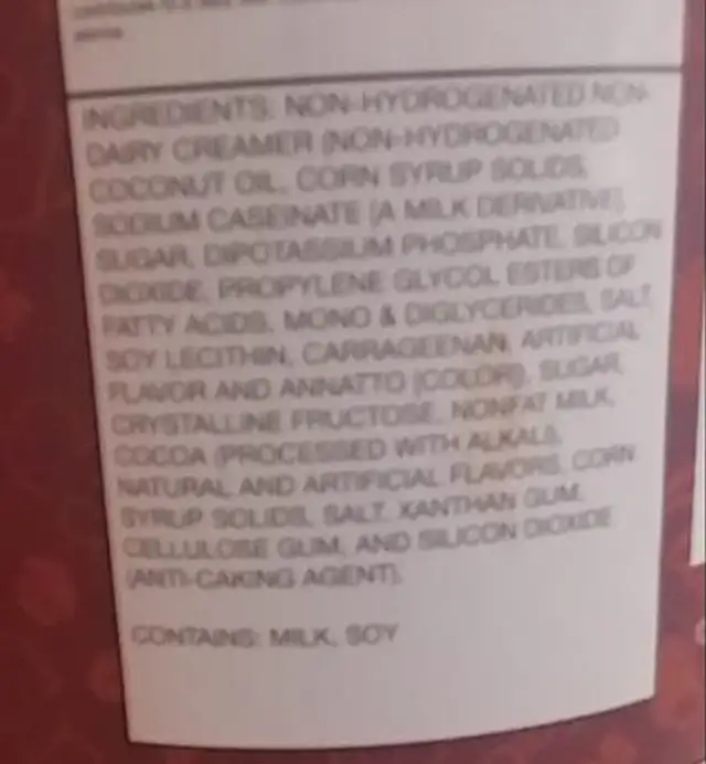 Hot cocoa ingredients label