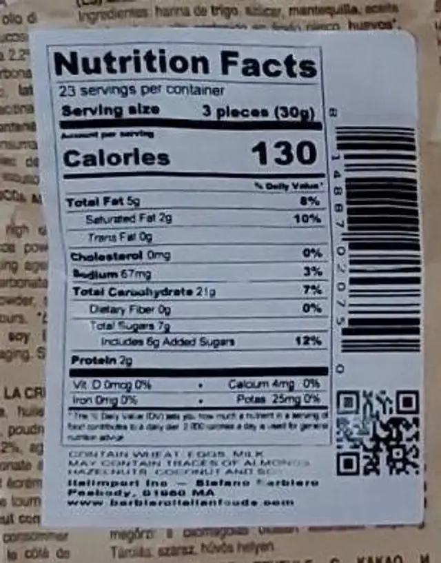 Frollini nutrition facts table