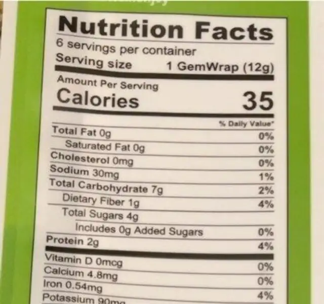 Gem Wraps nutrition facts table