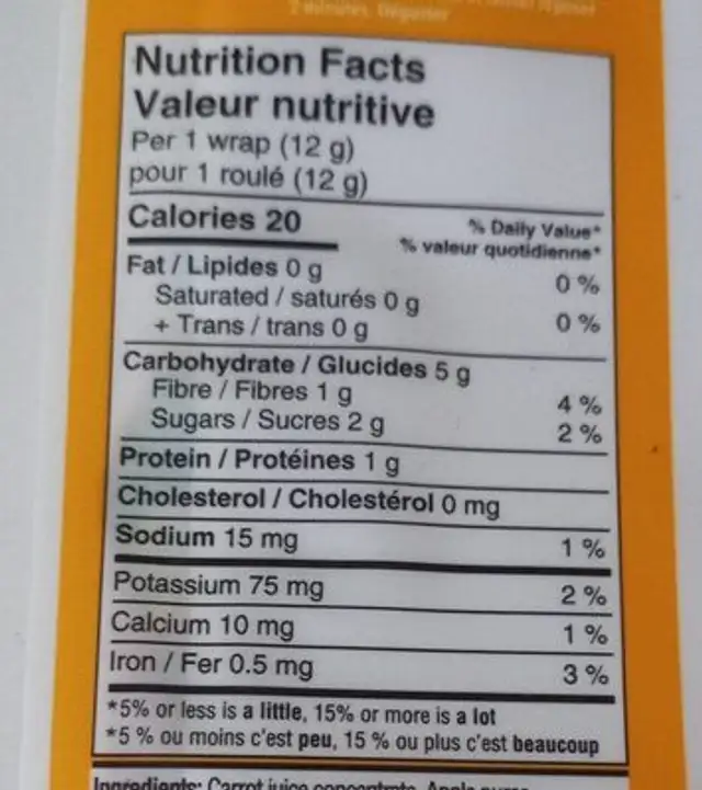Wraps roulés nutrition facts table