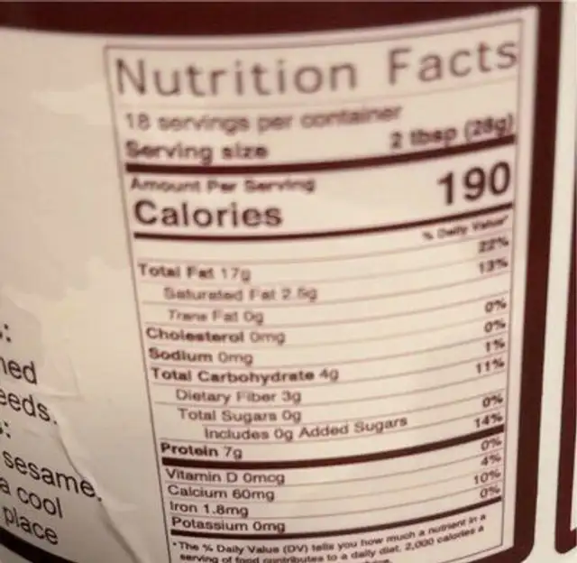 Achdut Tahini nutrition facts table