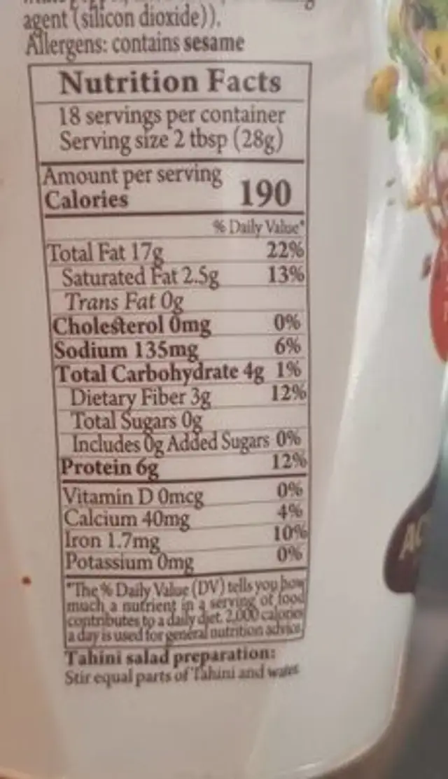 Seasoned tahini nutrition facts table