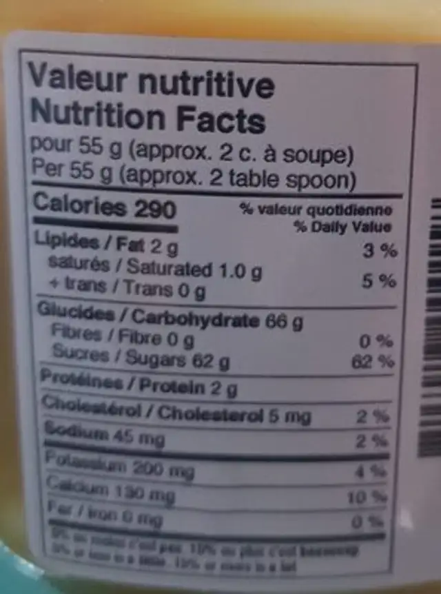 caramel à l'érable nutrition facts table