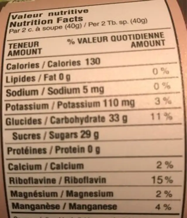 Tire d'érable nutrition facts table
