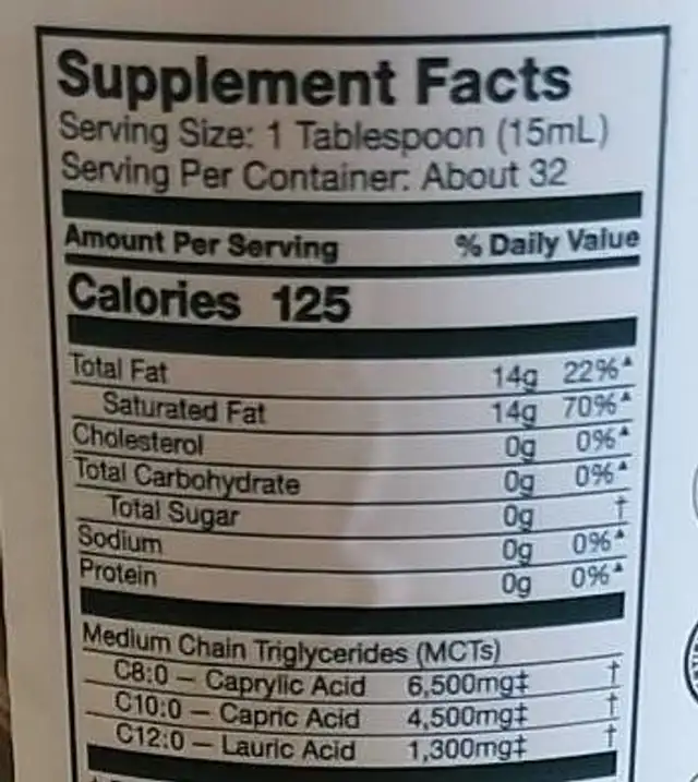 Organic MCR Oil nutrition facts table