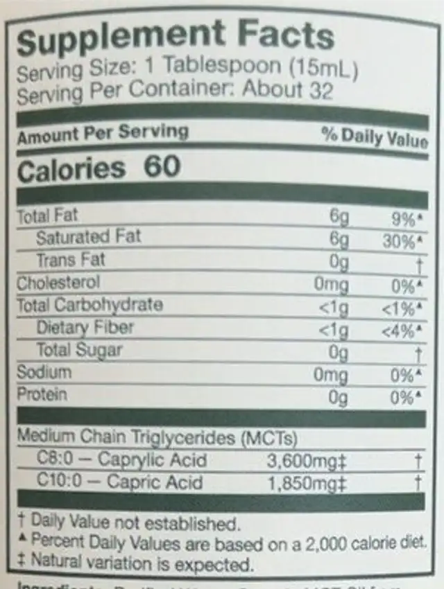 Creamy Vanilla MCT Oil nutrition facts table