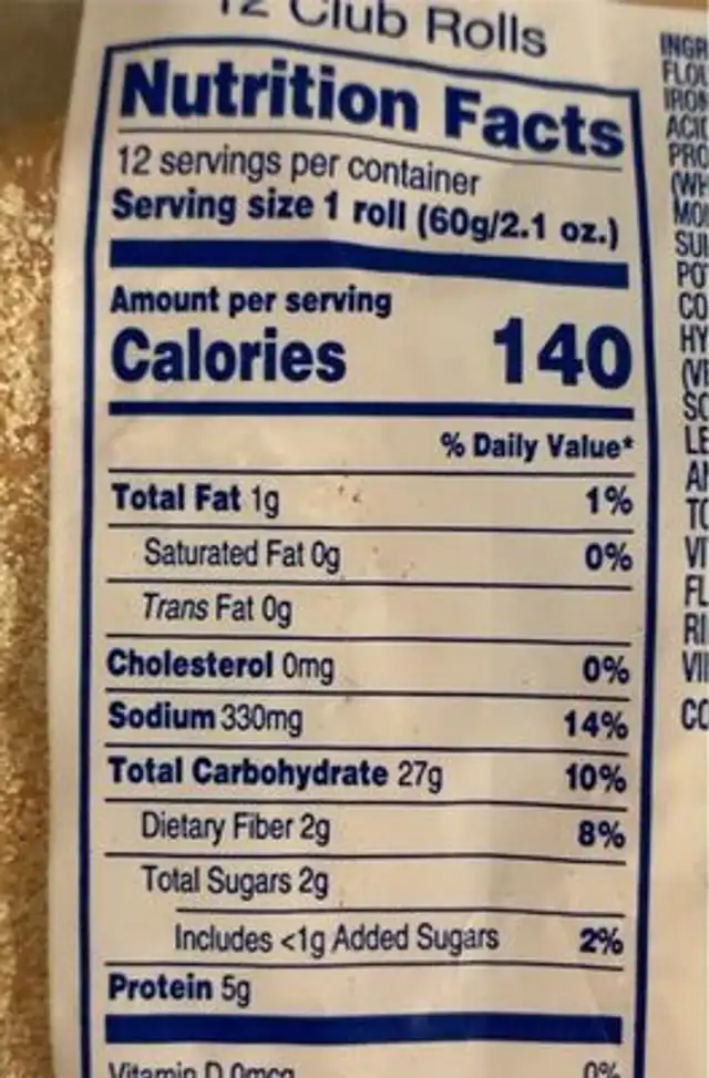 Club Rolls nutrition facts table
