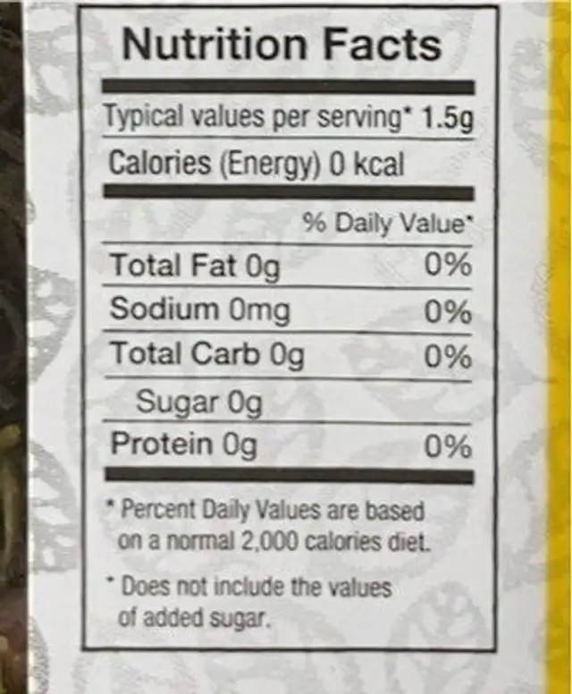 GREEN TEA LEMON GRASS nutrition facts table