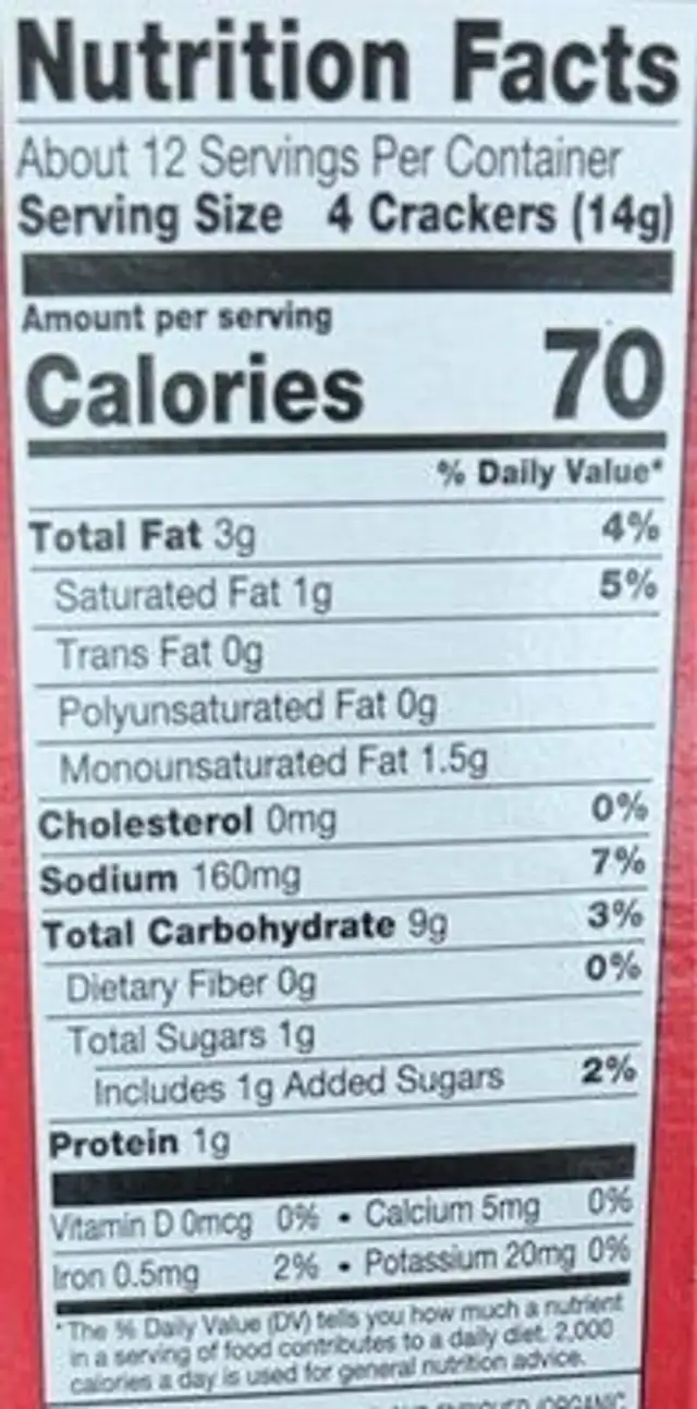 Organic classic crackers nutrition facts table