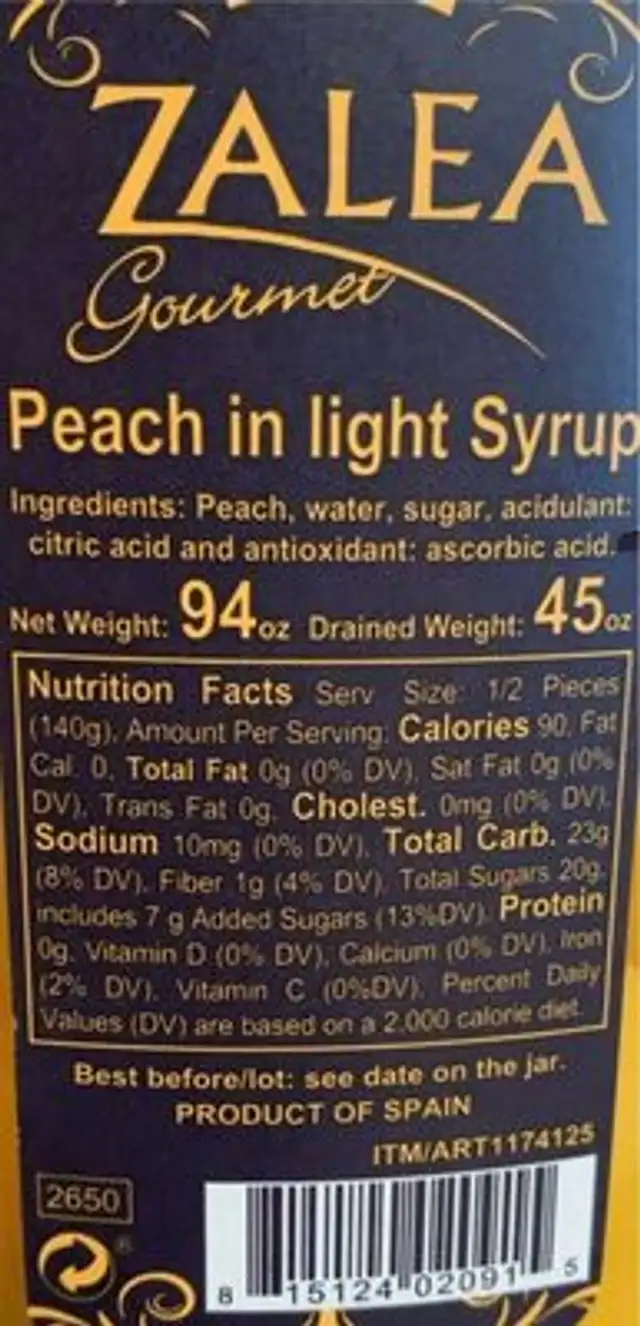 Peach in Light Syrup nutrition facts table