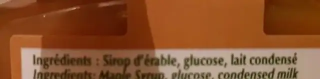 Carmel à l'Érable Maple Caramel ingredients label