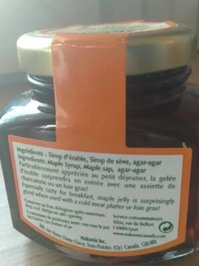 Gelée d'Érable nutrition facts table