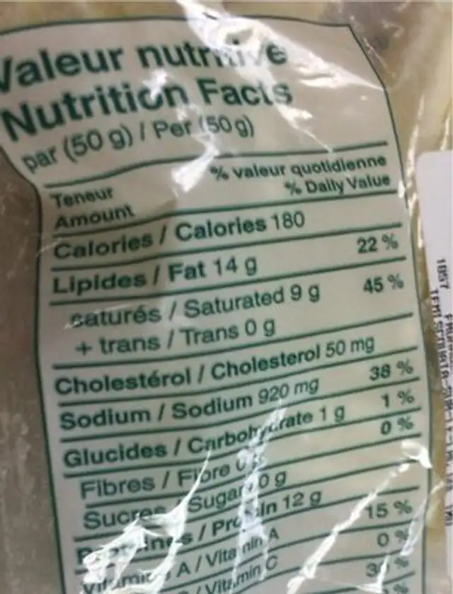 Fromage nutrition facts table