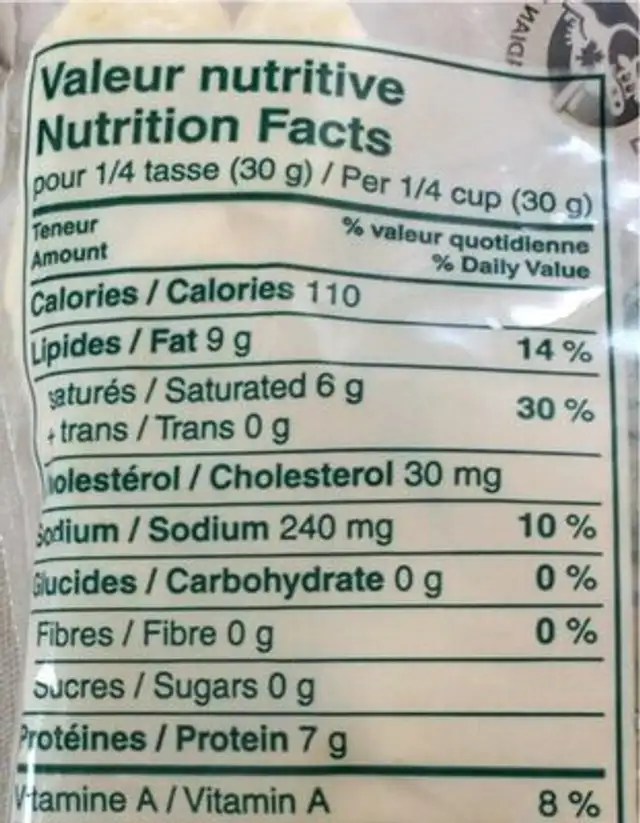 Fromage nutrition facts table