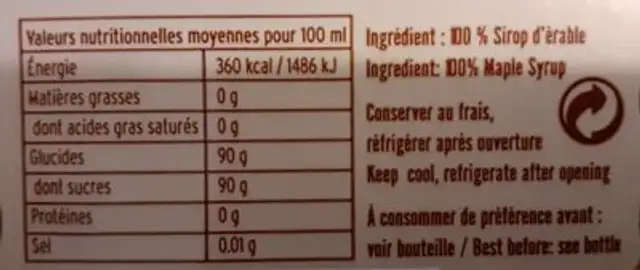 Sirop d'érable nutrition facts table
