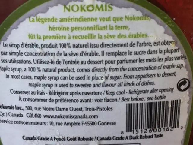 Sirop d'Erable bio ingredients label
