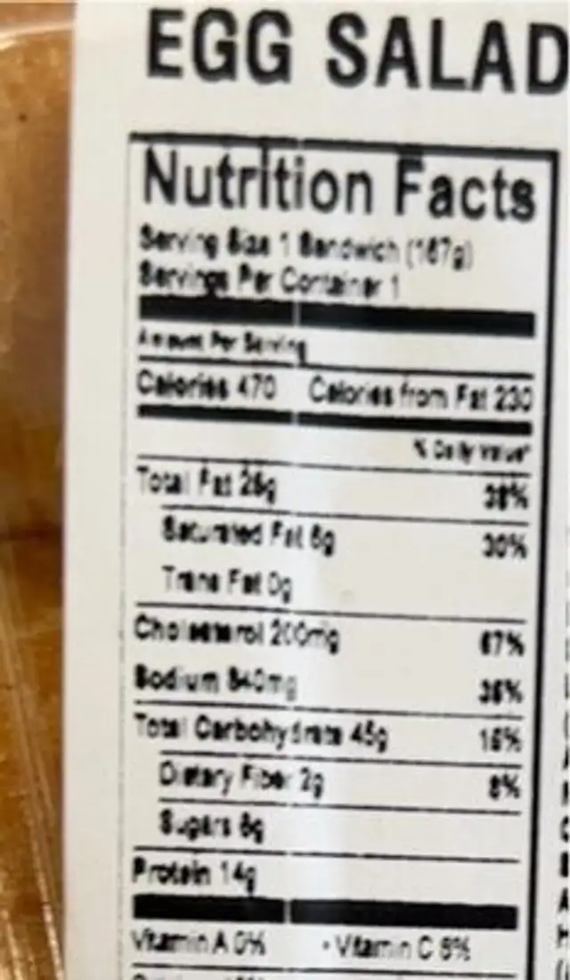 Egg salad sano nutrition facts table