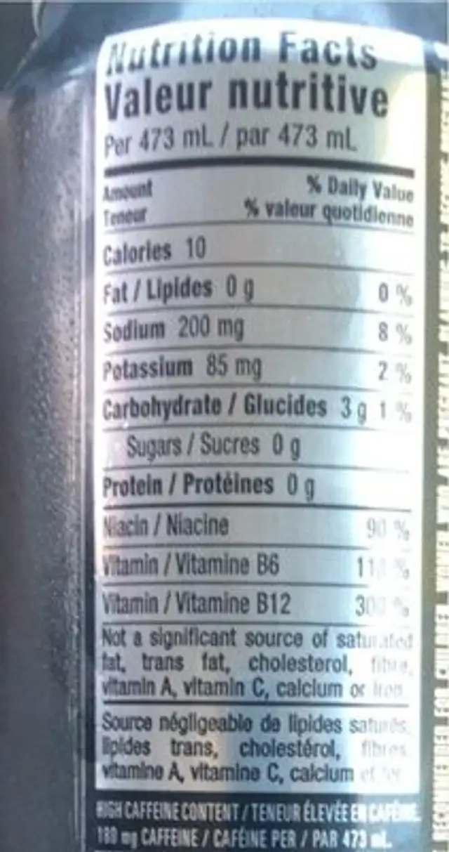 Boisson énergissante nutrition facts table