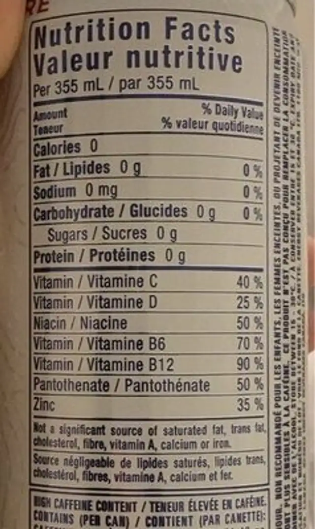 Pure Energy Seltzer nutrition facts table