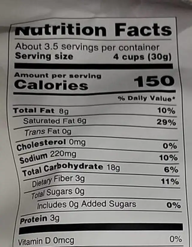 Popcorn nutrition facts table