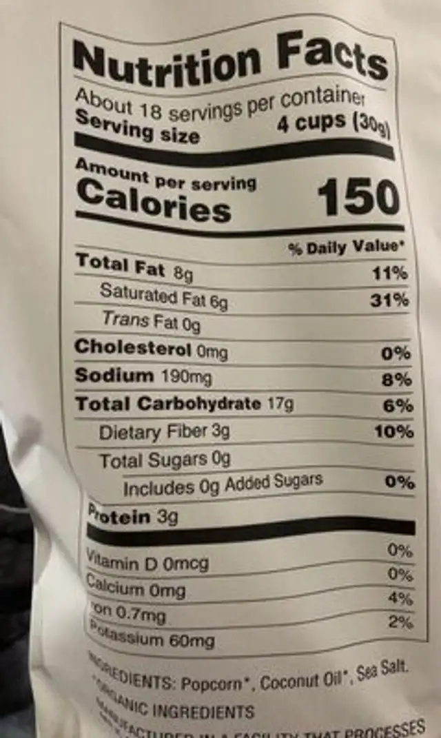 Nearly Naked Popcorn nutrition facts table