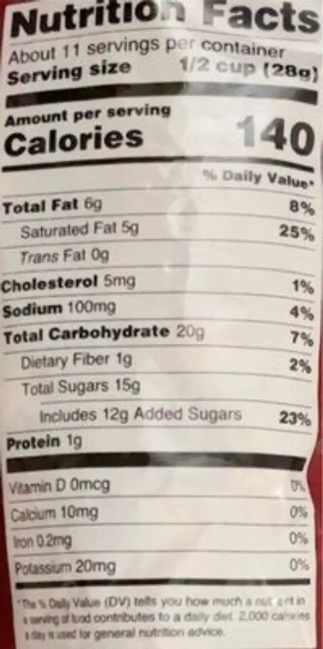 Red Velvet Popcorn nutrition facts table