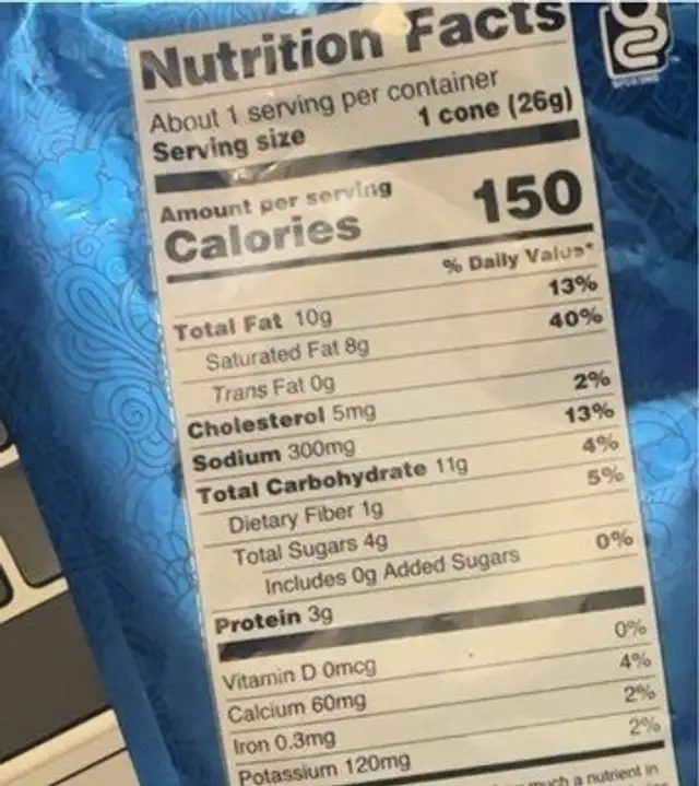 White cheddar nutrition facts table