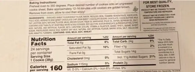 classic cookie nutrition facts table